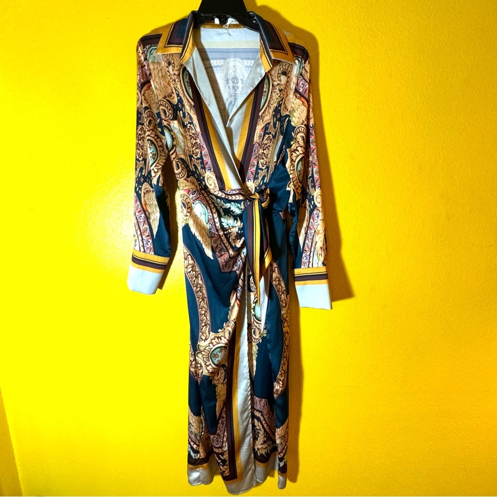 Printed Wrap Maxi Dress in Navy and Gold